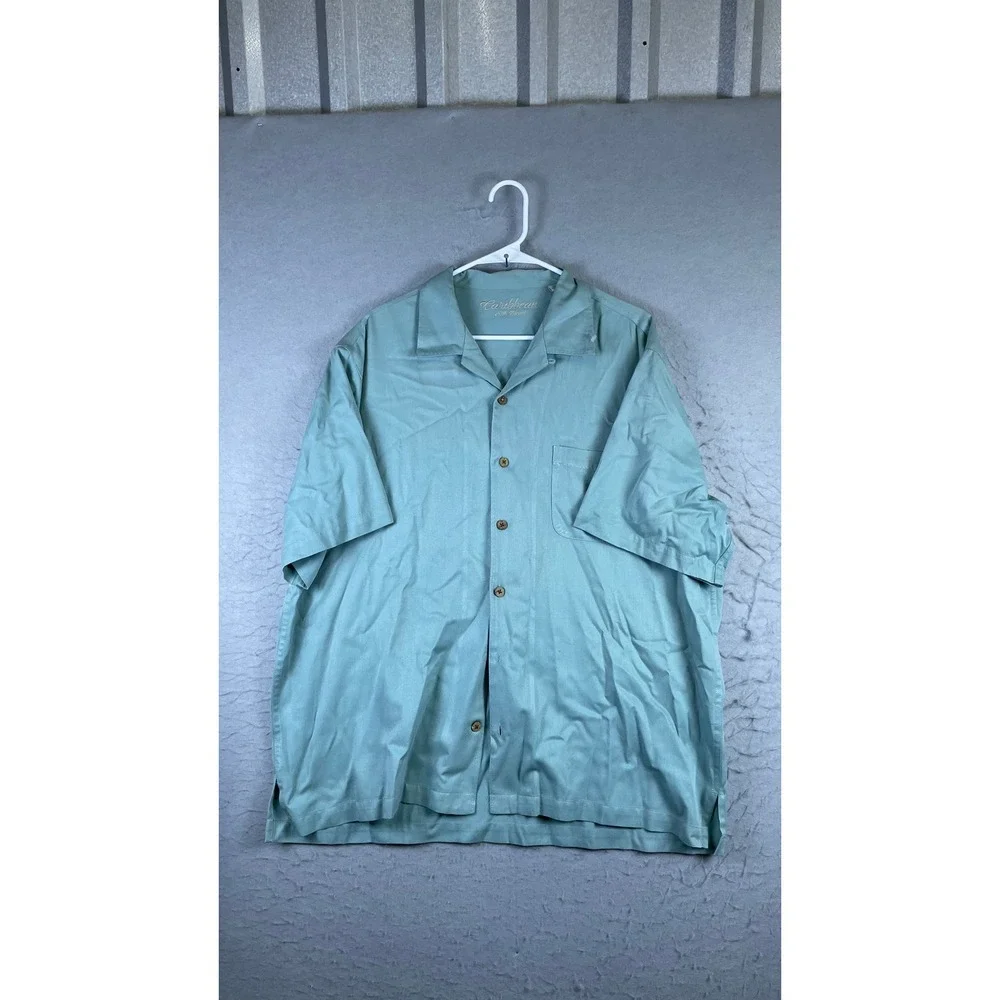 Caribbean Camp Shirt Mens XL Sage Green Good Silk Blend Short Sleeve Button Down